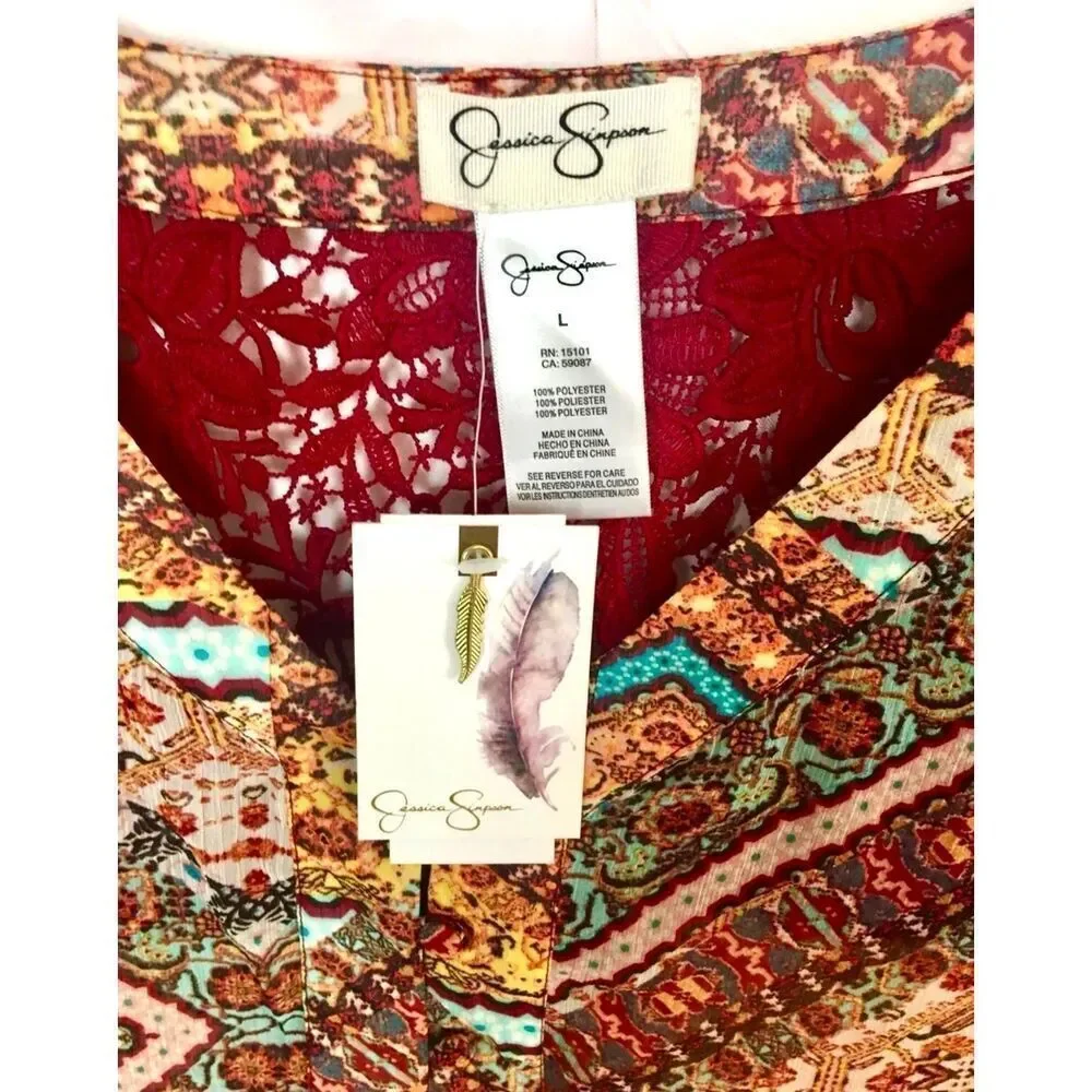 Jessica Simpson Boho Print Geometric 3/4 Sleeve Shirt Neutral Colors Size L NWT